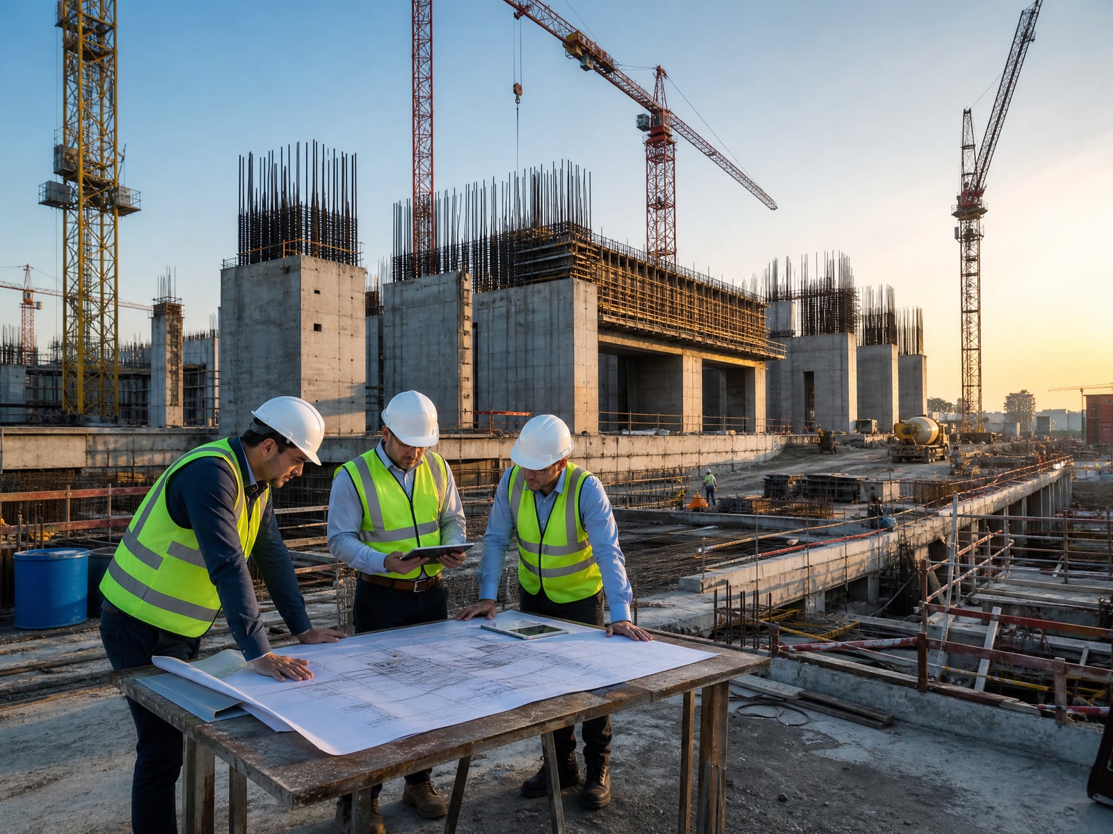 Gazpromstroy engineers with project documentation at a construction site
